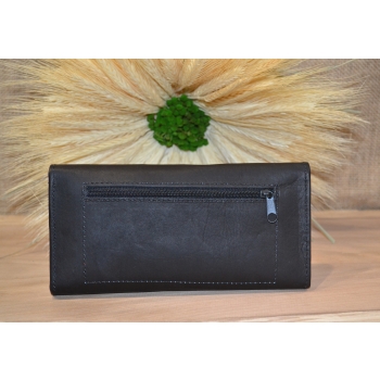 Portfel duży skórzany ciemnobrązowy z etnicznym kolorowym haftem .